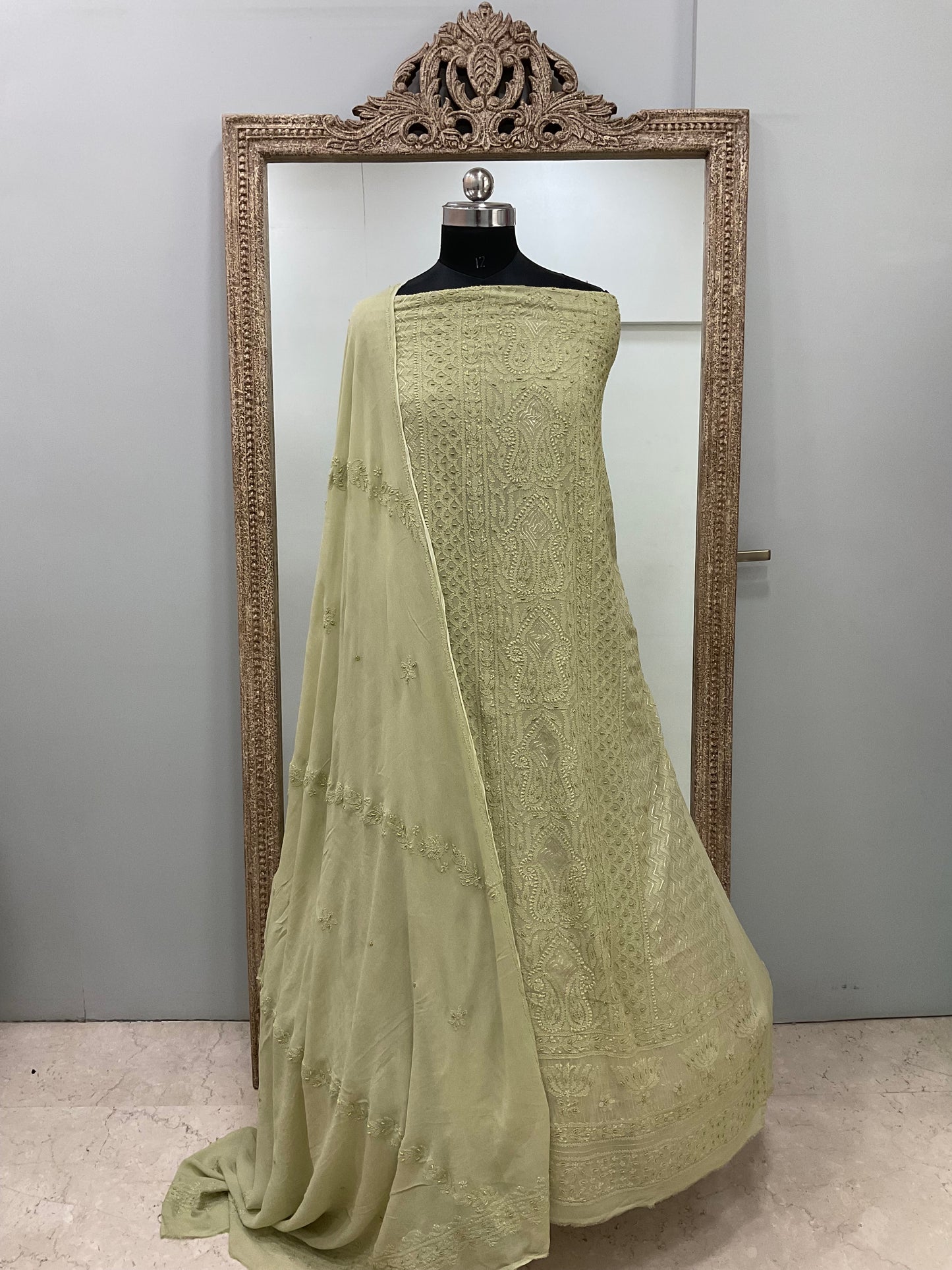 Colored Pearl Georgette Shirt With Dupatta Green