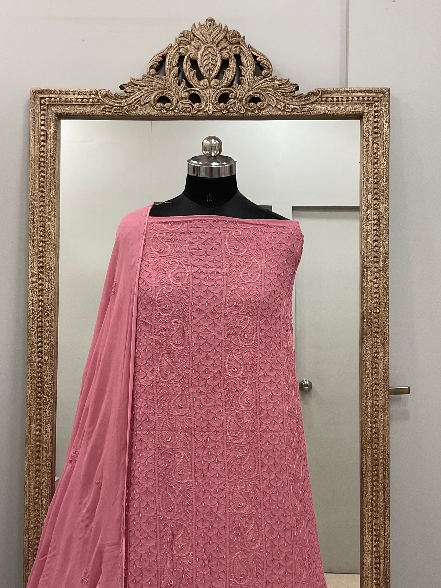 Colored Pearl Georgette Shirt With Dupatta Rust
