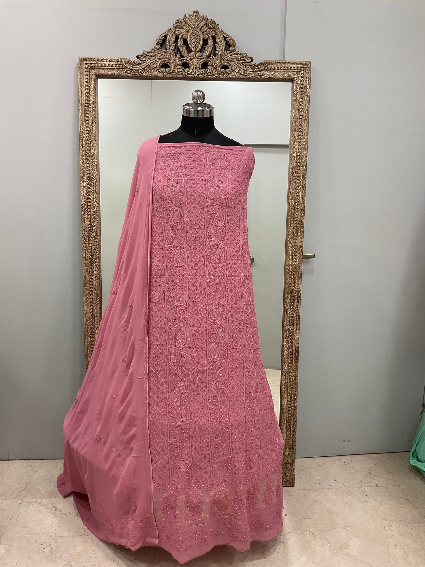 Colored Pearl Georgette Shirt With Dupatta Rust