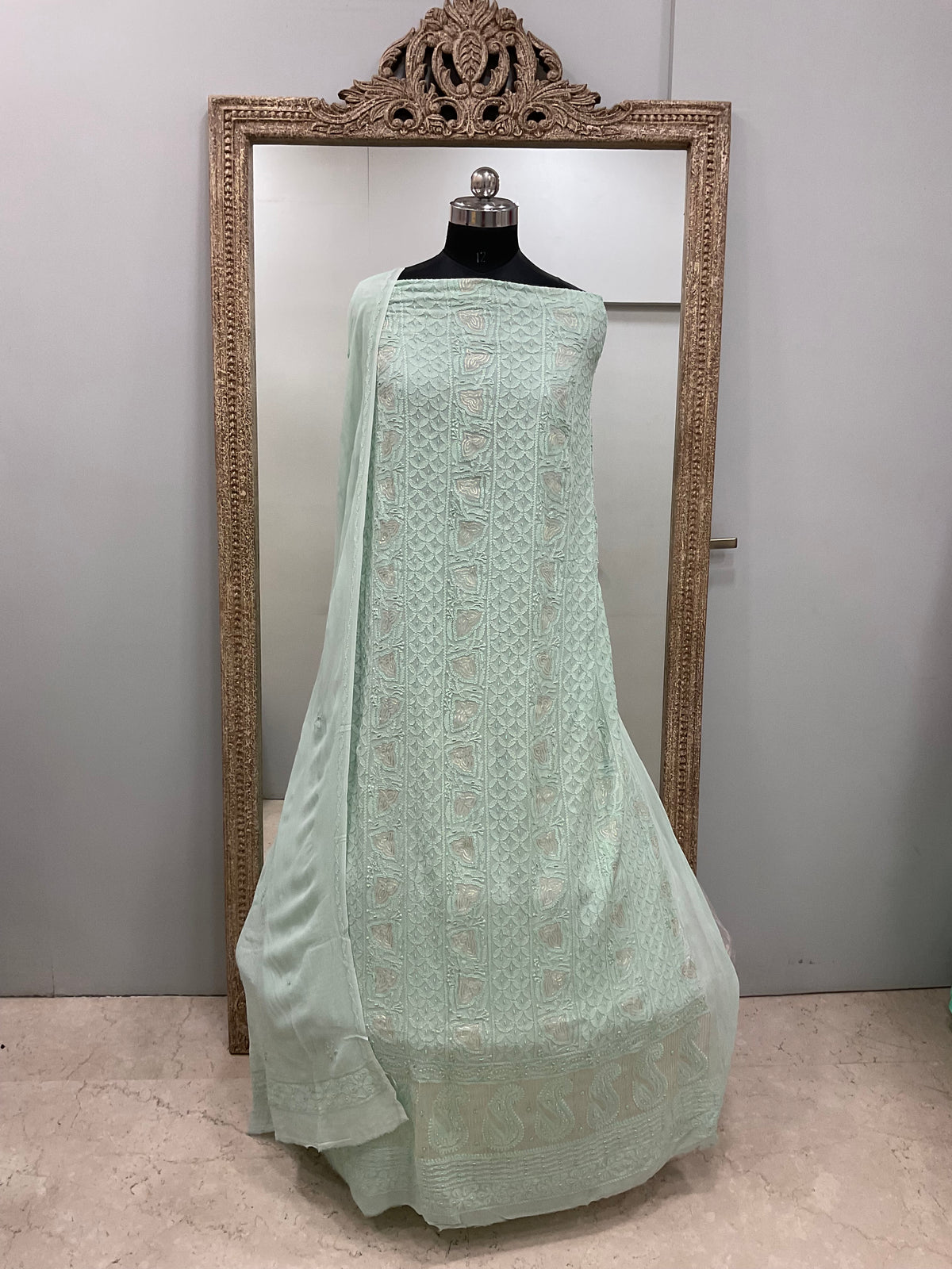 Colored Pearl Georgette Shirt With Dupatta Sea Green
