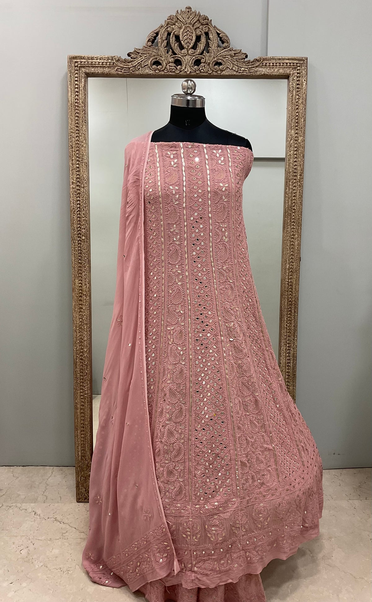 Georgette Anarkali Heavy Gota Mirror And Pearl Work Brick Red