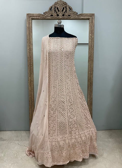 Georgette Anarkali Heavy Gota Mirror And Pearl Work Peach