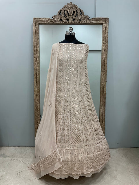 Georgette Anarkali Heavy Gota Mirror And Pearl Work Golden Beige