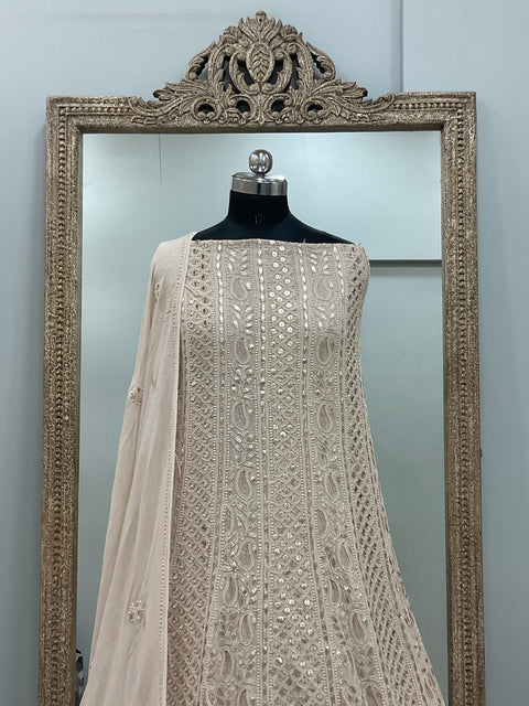 Georgette Anarkali Heavy Gota Mirror And Pearl Work Golden Beige