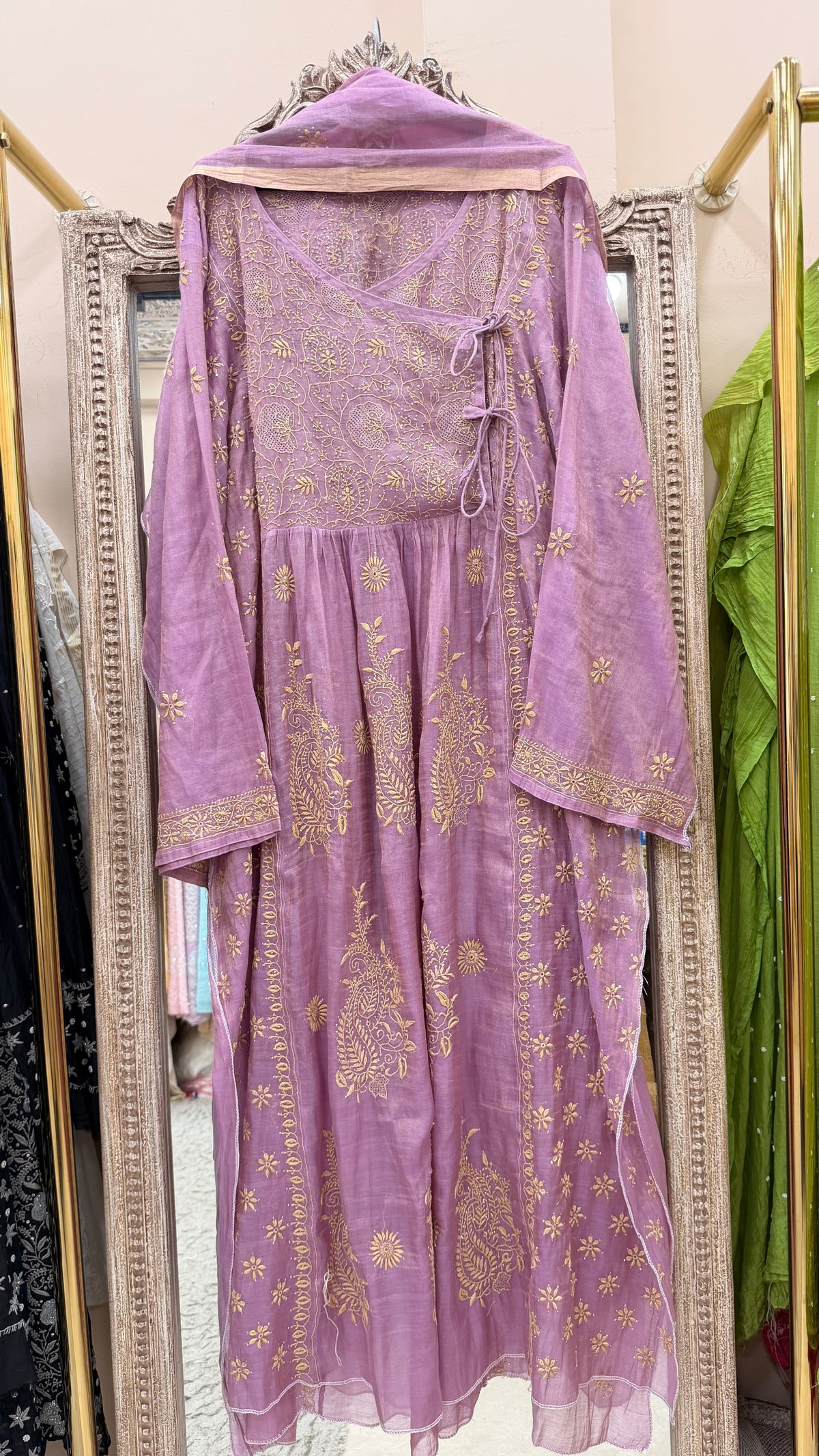 Tissue Semistihed Angrakha Chikan Jali Work Shirt And Dupatta Lilac
