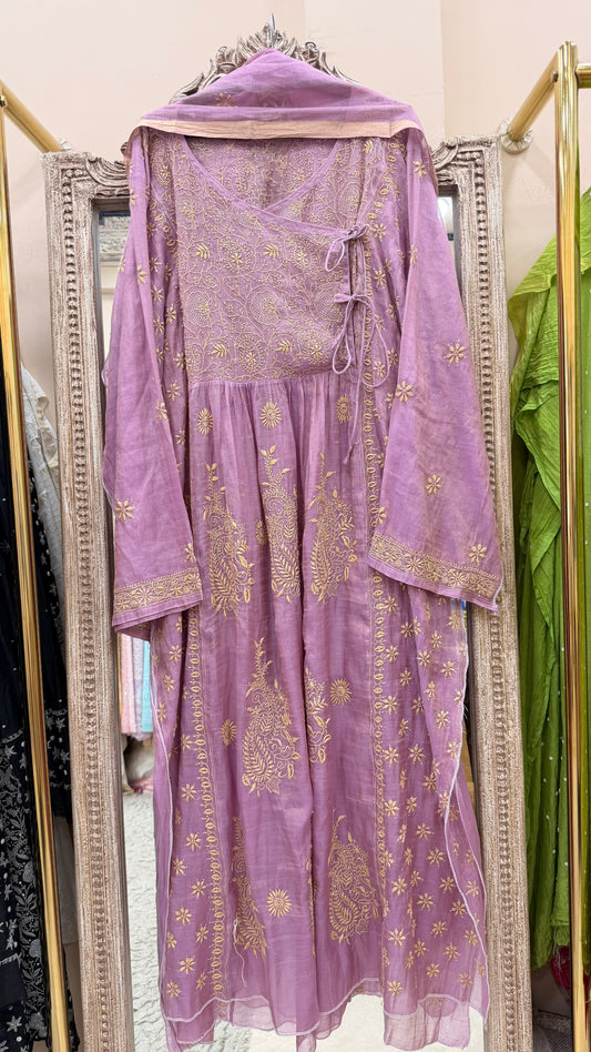 Tissue Semistihed Angrakha Chikan Jali Work Shirt And Dupatta Lilac