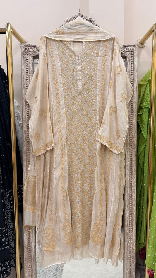 Pure Tissue Semistihed Anarkali Chikan Jali Work Shirt And Dupatta Golden