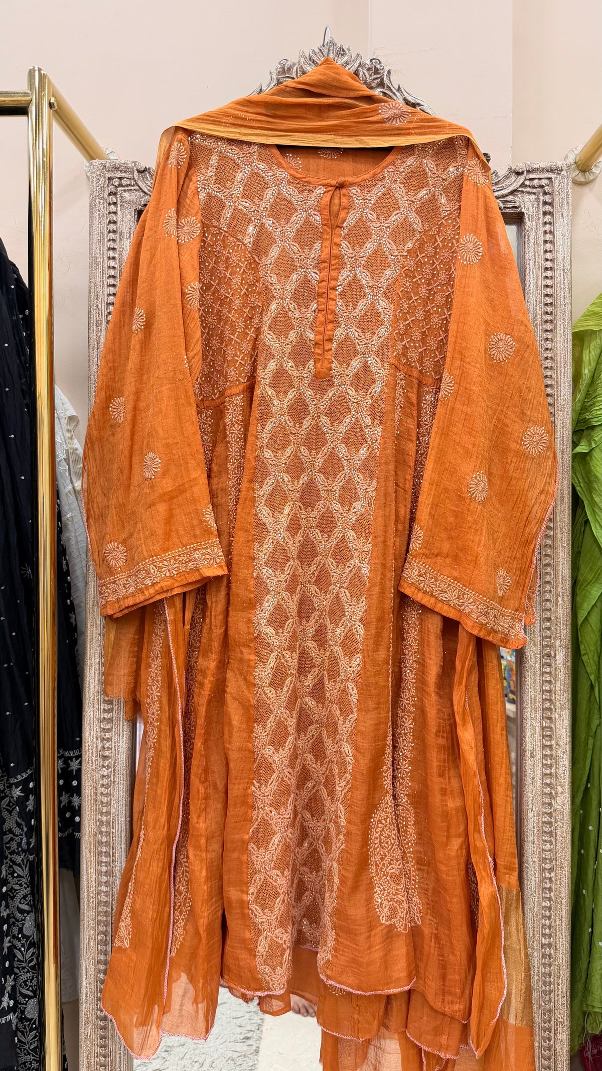 Pure Tissue Semistihed Anarkali Chikan Jali Work Shirt And Dupatta Orange