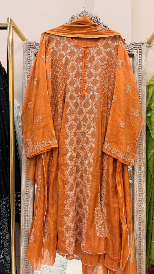Pure Tissue Semistihed Anarkali Chikan Jali Work Shirt And Dupatta Orange
