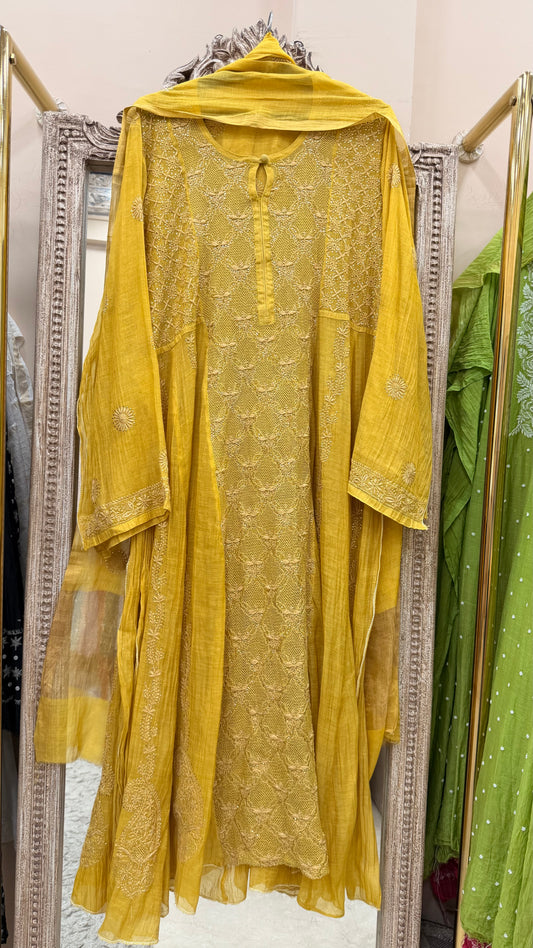Pure Tissue Semistihed Anarkali Chikan Jali Work Shirt And Dupatta Yellow