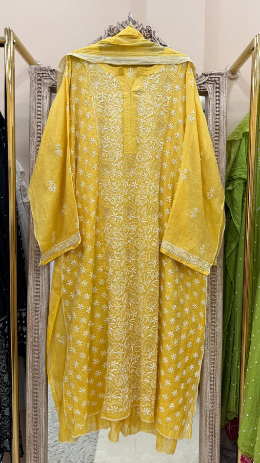 Tissue Semistihed Straight Chikan Jali Work Shirt And Dupatta Yellow