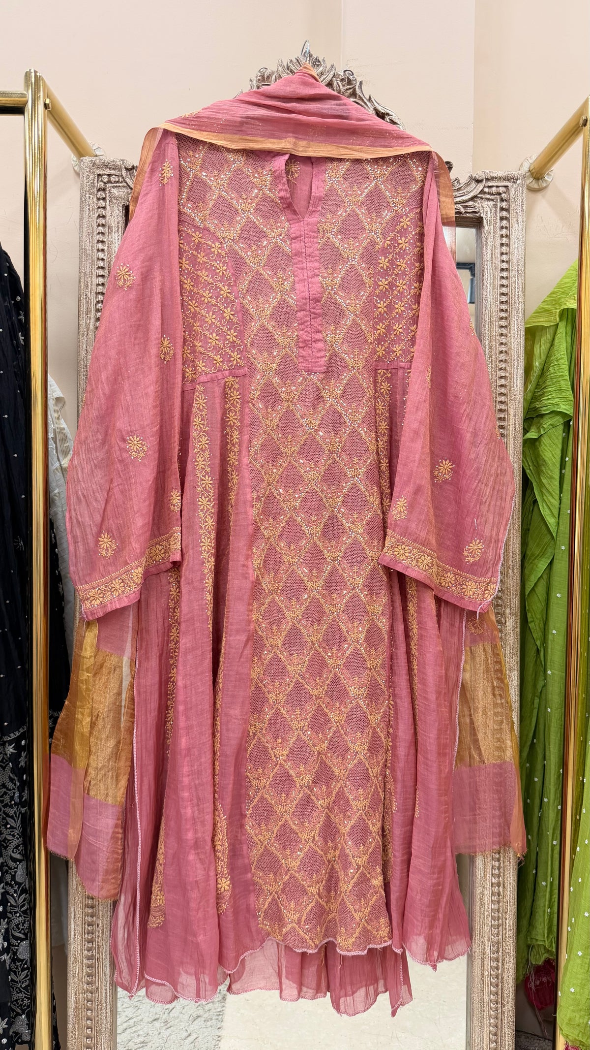 Pure Tissue Semistihed Anarkali Chikan Jali Work Shirt And Dupatta Rust
