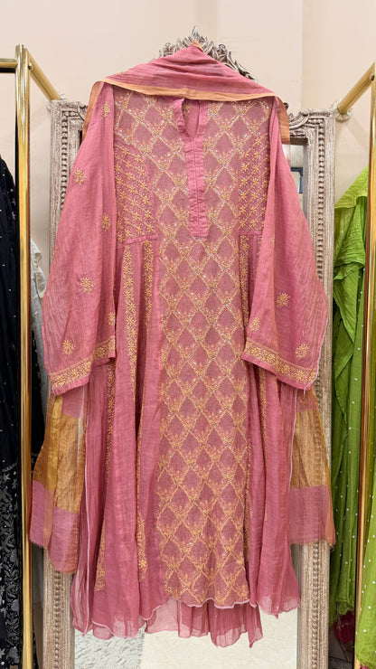 Pure Tissue Semistihed Anarkali Chikan Jali Work Shirt And Dupatta Rust