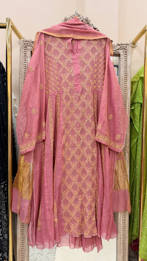 Pure Tissue Semistihed Anarkali Chikan Jali Work Shirt And Dupatta Rust