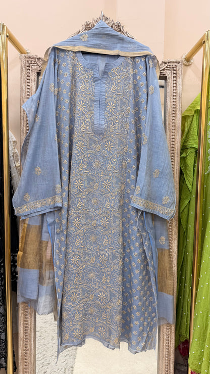 Tissue Semistihed Straight Chikan Jali Work Shirt And Dupatta Blue