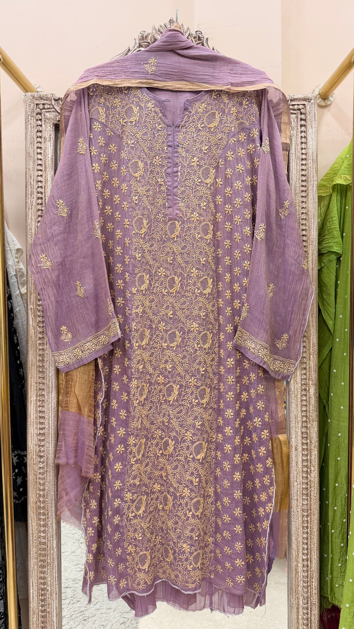Tissue Semistihed Straight Chikan Jali Work Shirt And Dupatta Purple