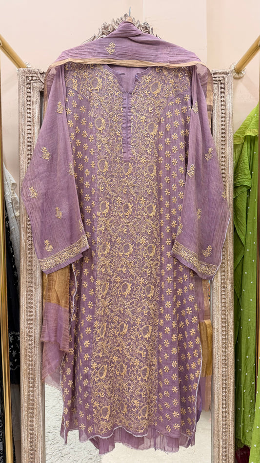 Tissue Semistihed Straight Chikan Jali Work Shirt And Dupatta Purple