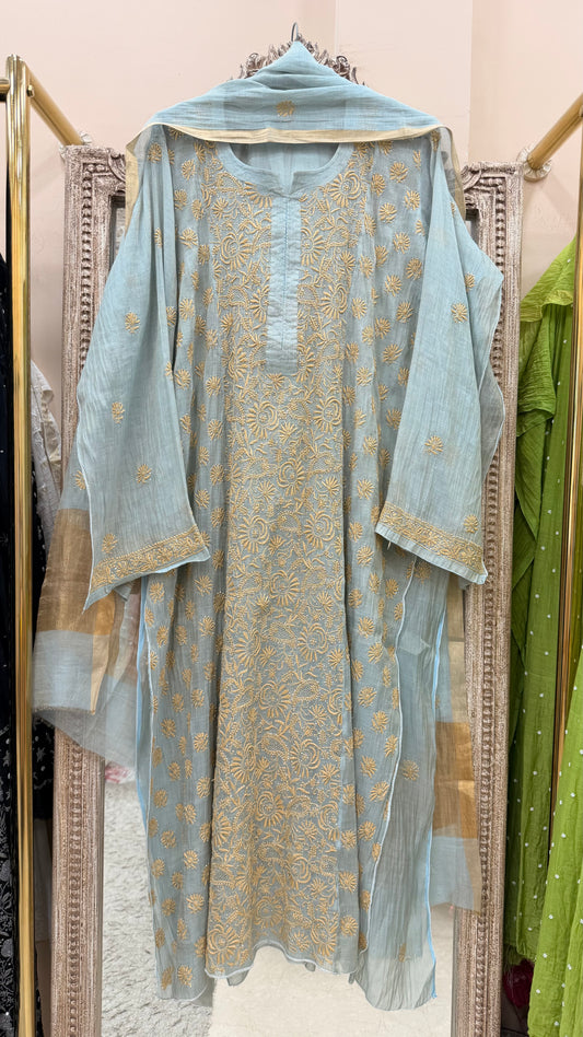 Tissue Semistihed Straight Chikan Jali Work Shirt And Dupatta Blue
