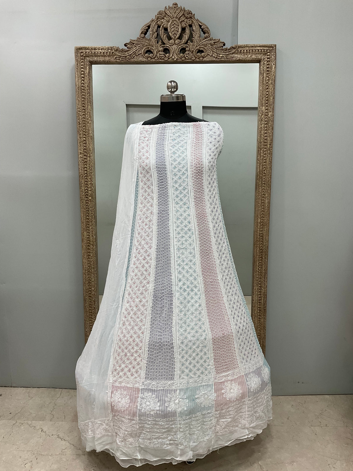 Georgette Anarkali Multicoloured Pearl And Cutdana Work White 06