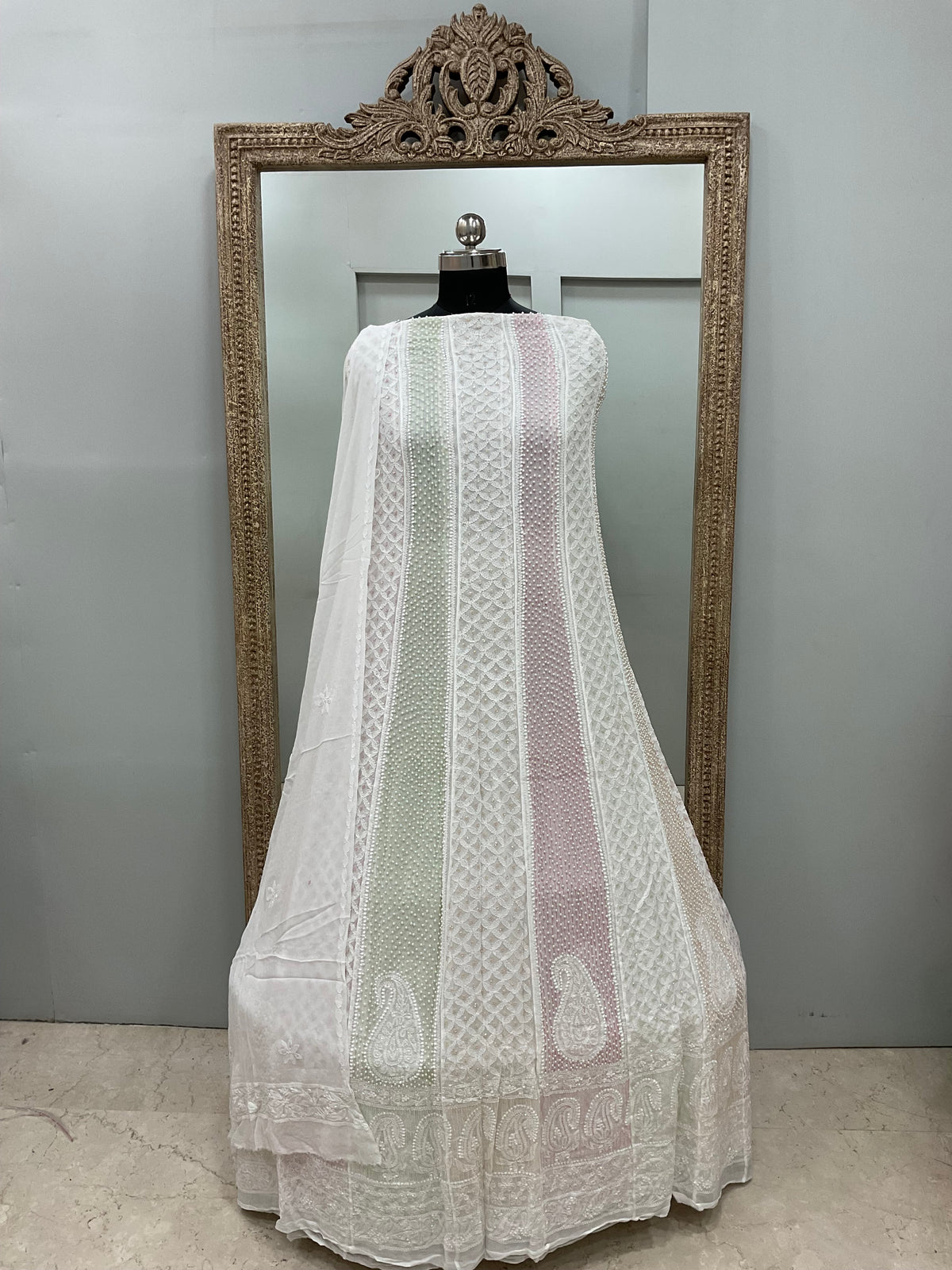 Georgette Anarkali Multicoloured Pearl And Cutdana Work White 07