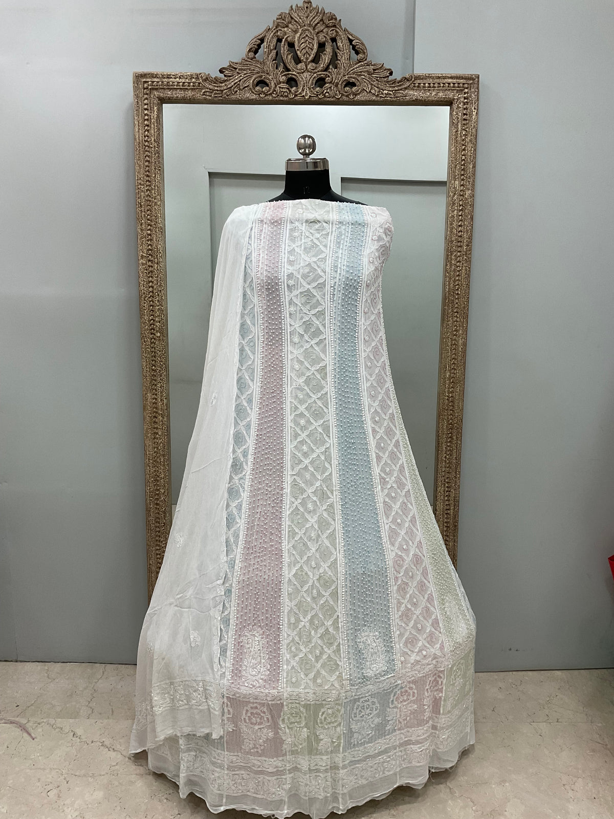 Georgette Anarkali Multicoloured Pearl And Cutdana Work White 08