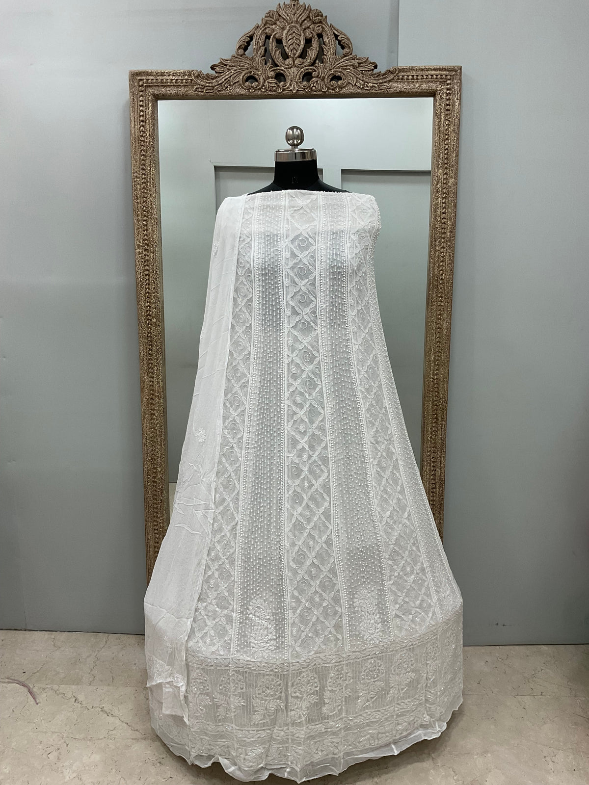 Georgette Anarkali Heavy Pearl And Cutdana Work White 08