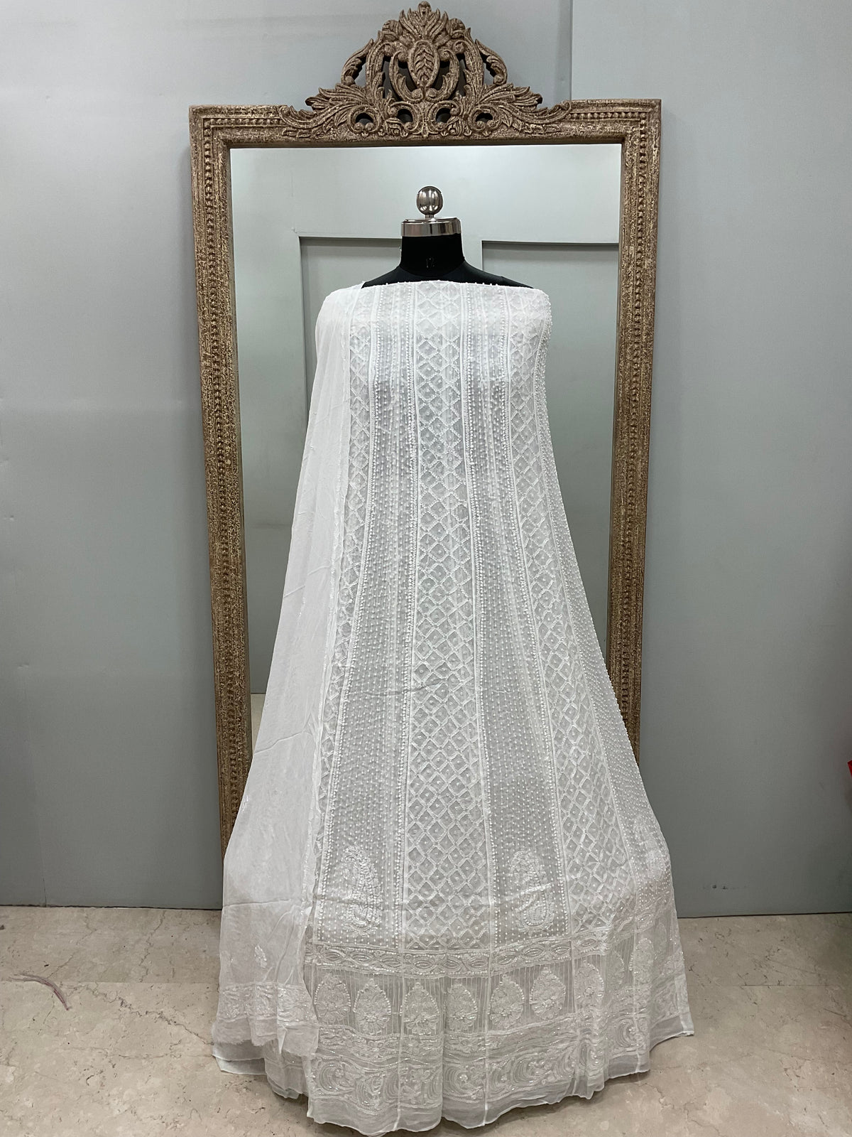 Georgette Anarkali Heavy Pearl And Cutdana Work White 04