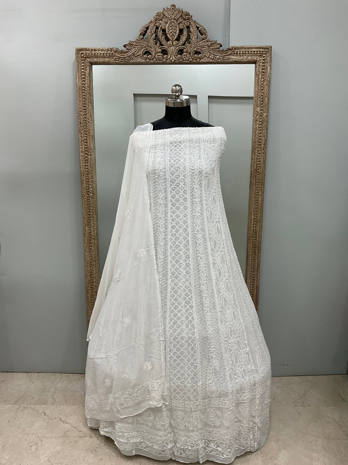 Georgette Anarkali Pearl And Cutdana Work White 01