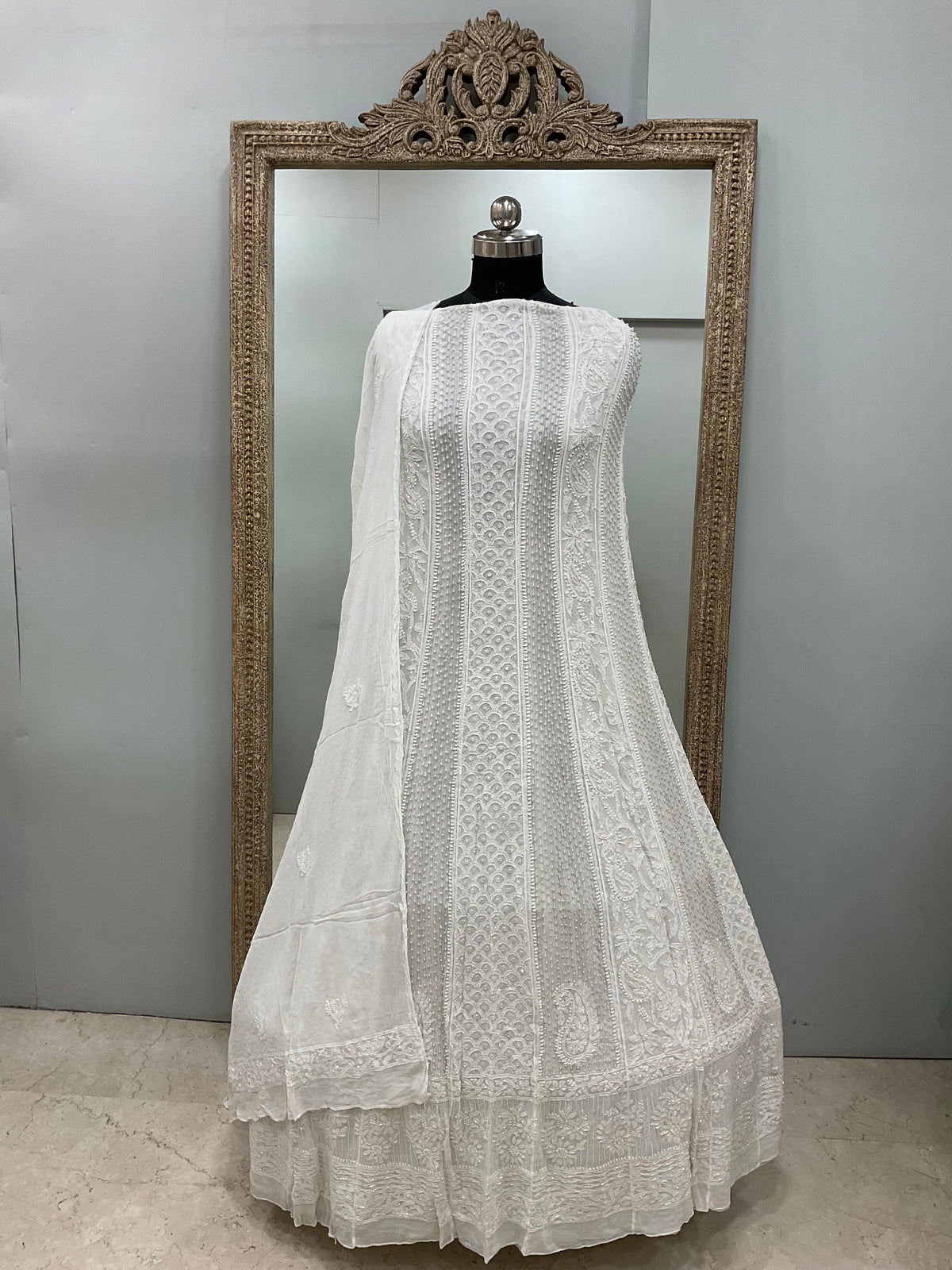 Georgette Anarkali Pearl And Cutdana Work White 06