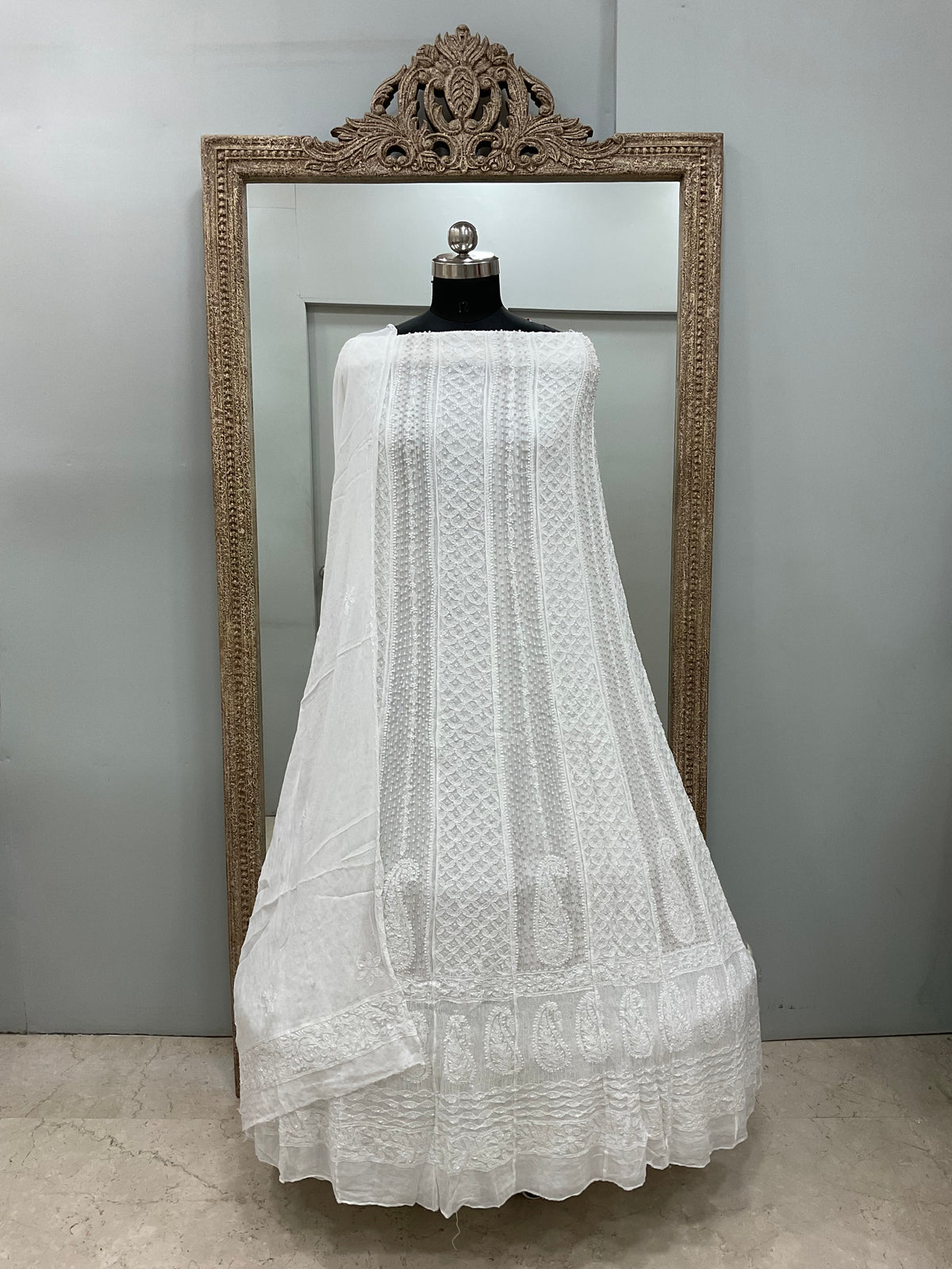 Georgette Anarkali Pearl And Cutdana Work White 09
