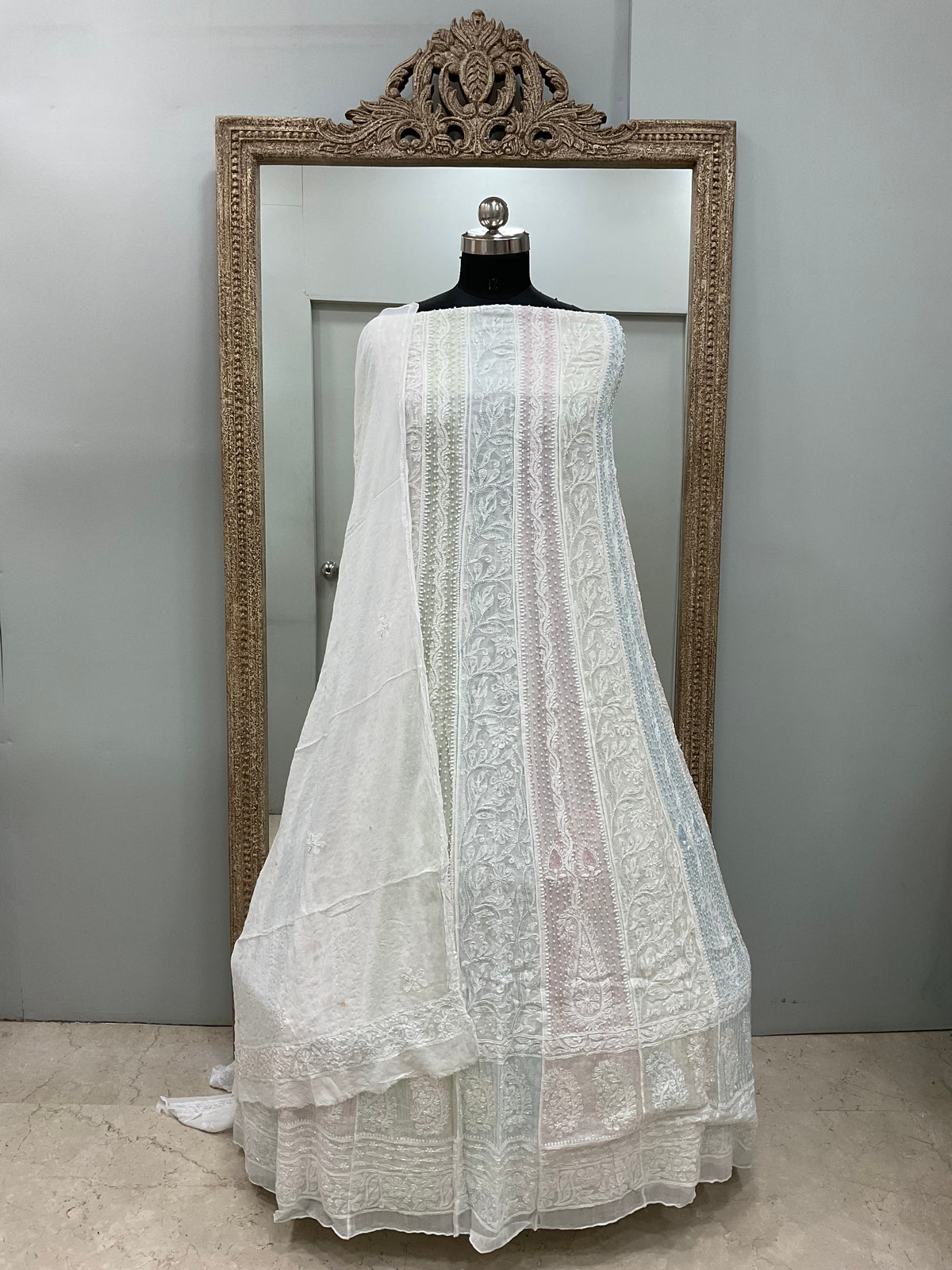 Georgette Anarkali Multicoloured Pearl And Cutdana Work White 01