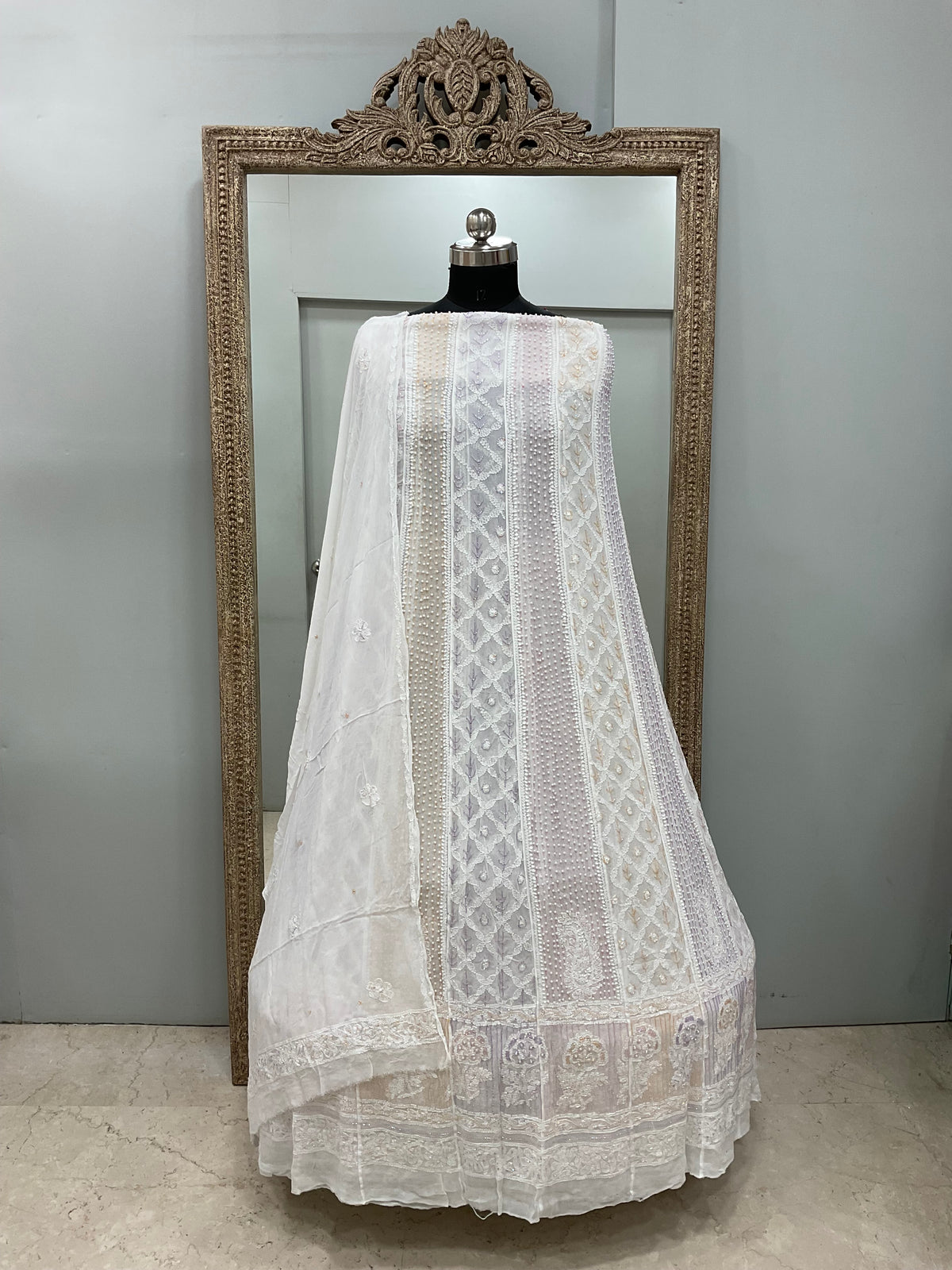 Georgette Anarkali Multicoloured Pearl And Cutdana Work White 02