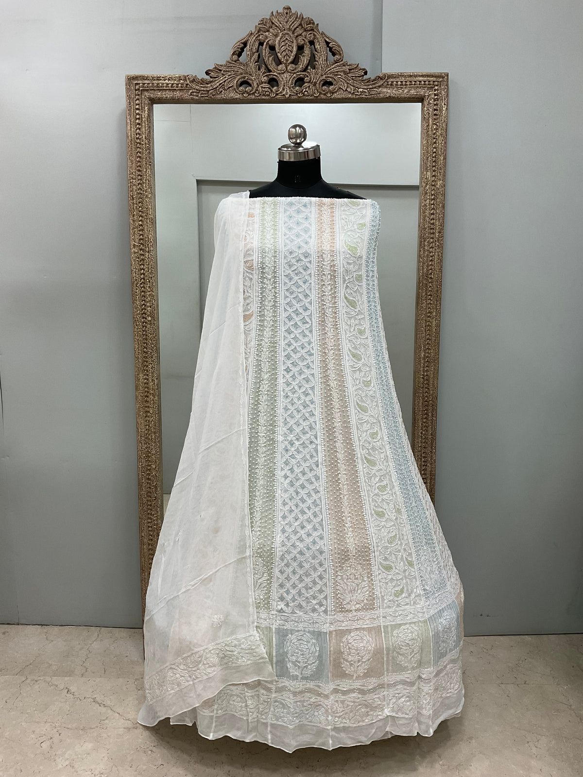 Georgette Anarkali Multicoloured Pearl And Cutdana Work White 04