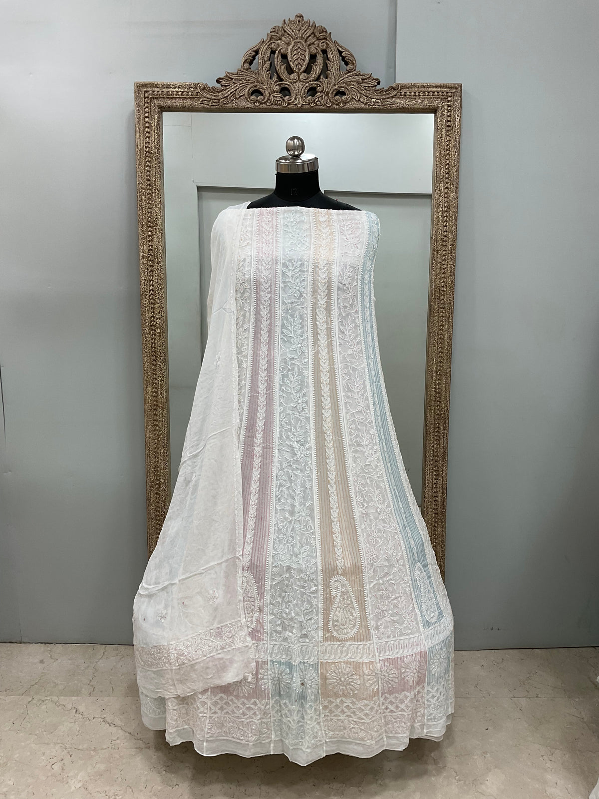 Georgette Anarkali Multicoloured Pearl And Cutdana Work White 08