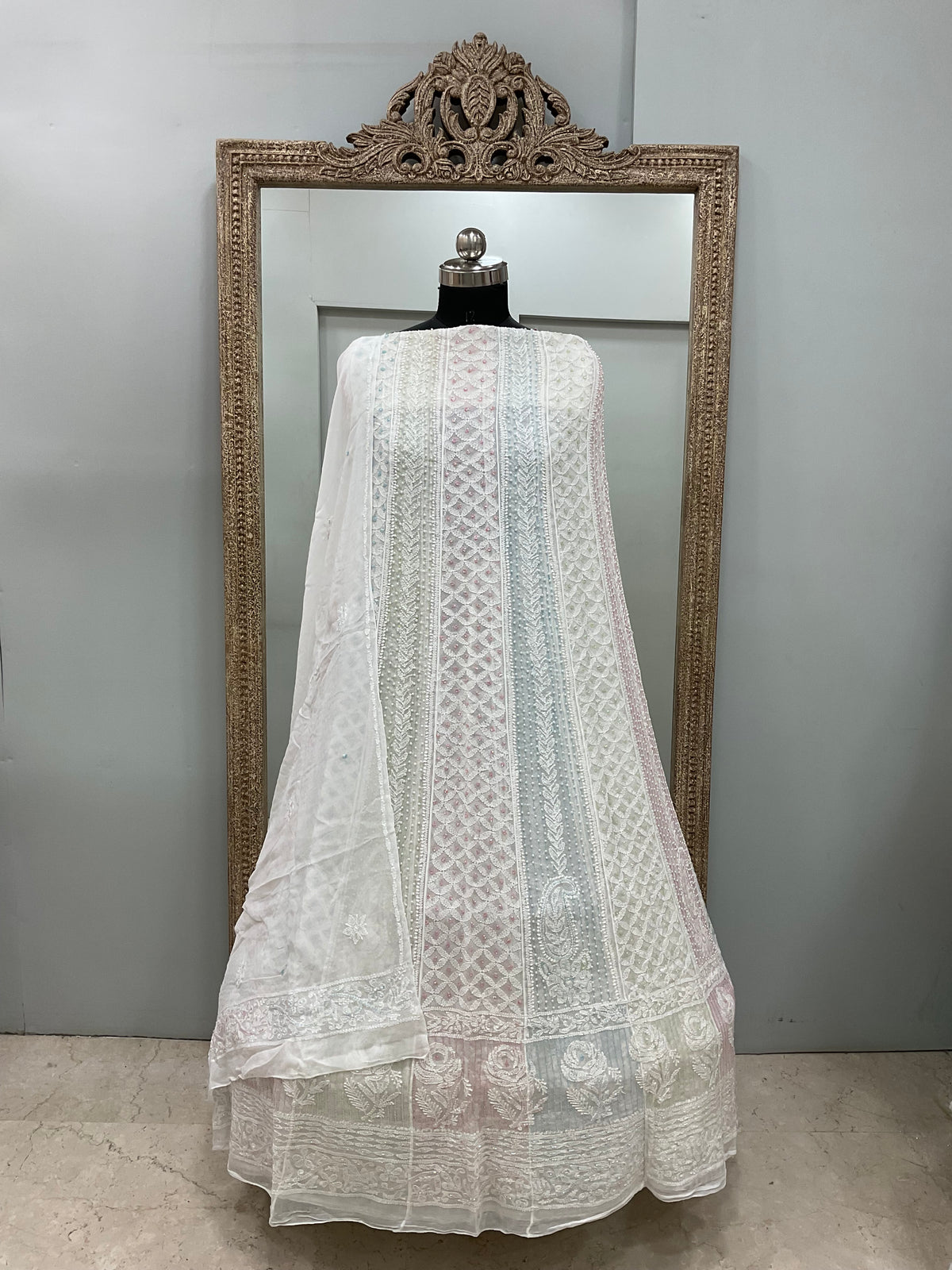 Georgette Anarkali Multicoloured Pearl And Cutdana Work White 09