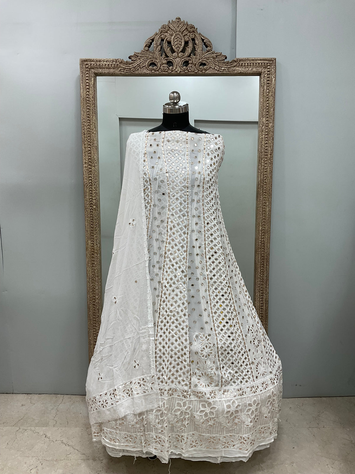 Georgette Anarkali Heavy Gota Mirror Work White