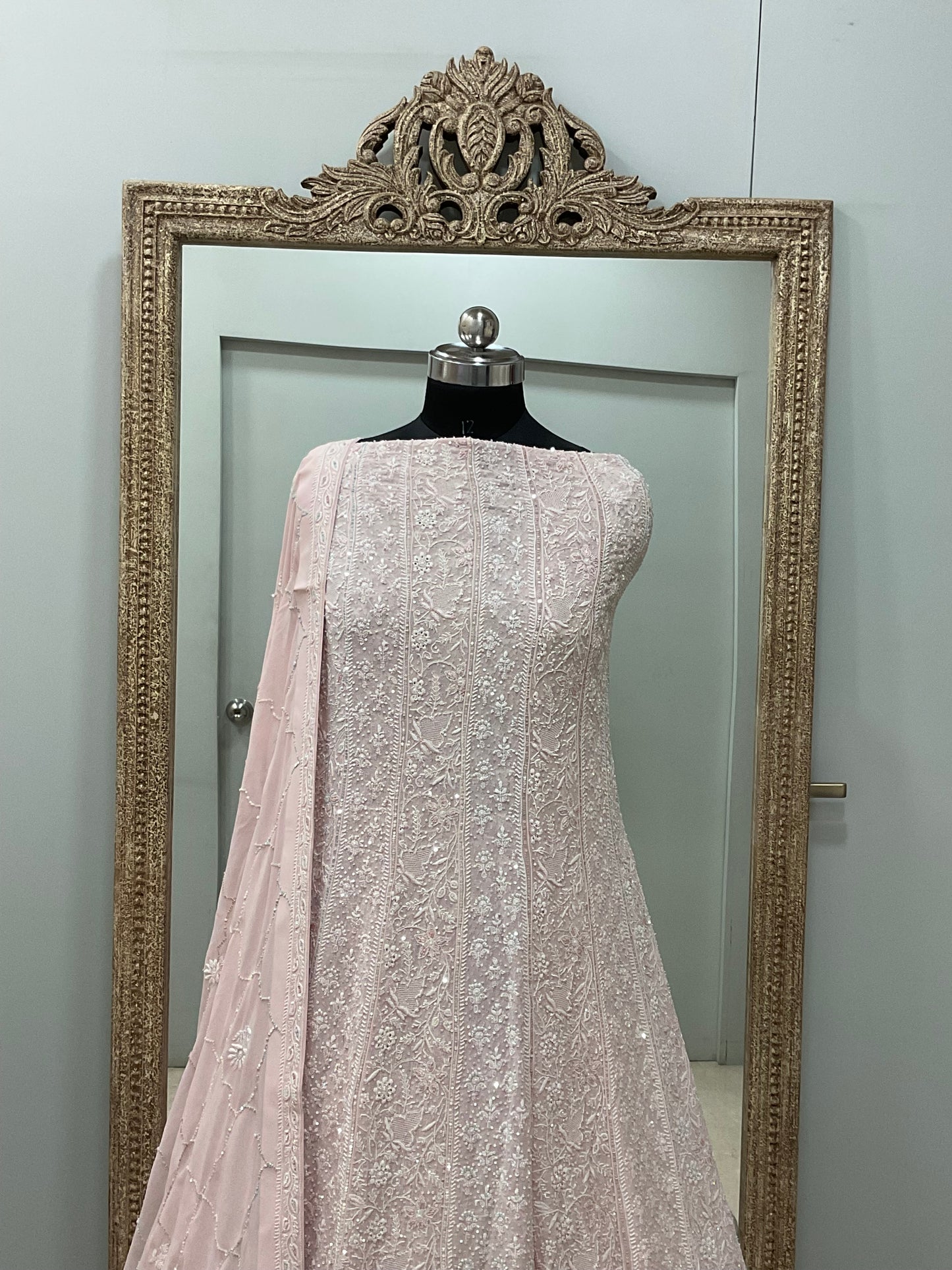 Superfine Pure Georgette Anarkali Heavy Pearl, Cutdana and Sequence Work Peachy Pink