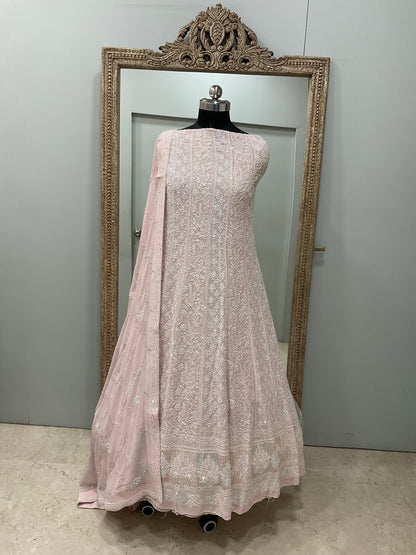 Superfine Pure Georgette Anarkali Heavy Pearl, Cutdana and Sequence Work Peachy Pink