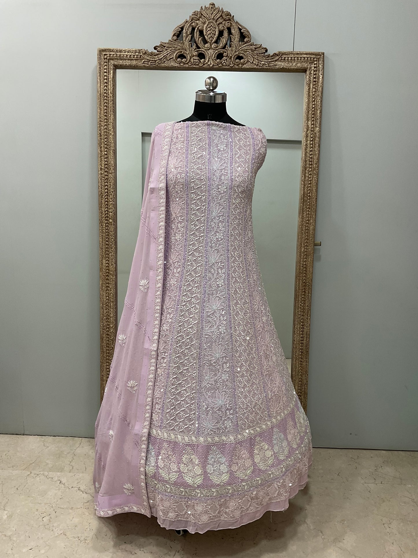 Superfine Pure Georgette Anarkali Heavy Pearl, Cutdana and Sequence Work Lilac