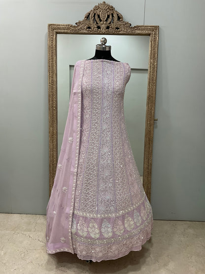 Superfine Pure Georgette Anarkali Heavy Pearl, Cutdana and Sequence Work Lilac