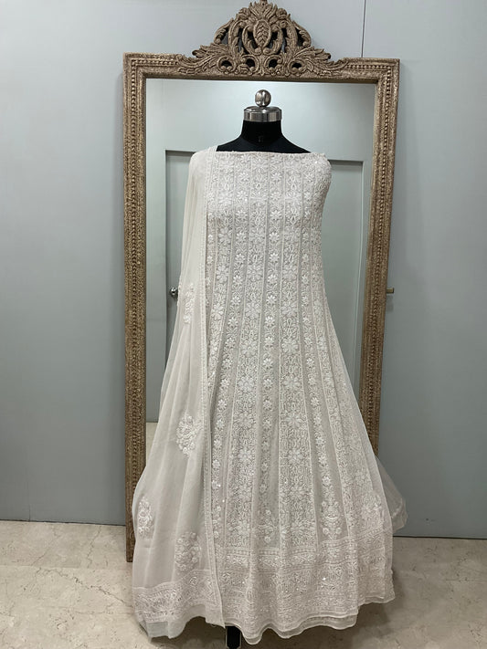 Superfine Pure Georgette Anarkali Heavy Pearl, Cutdana and Sequence Work Gray