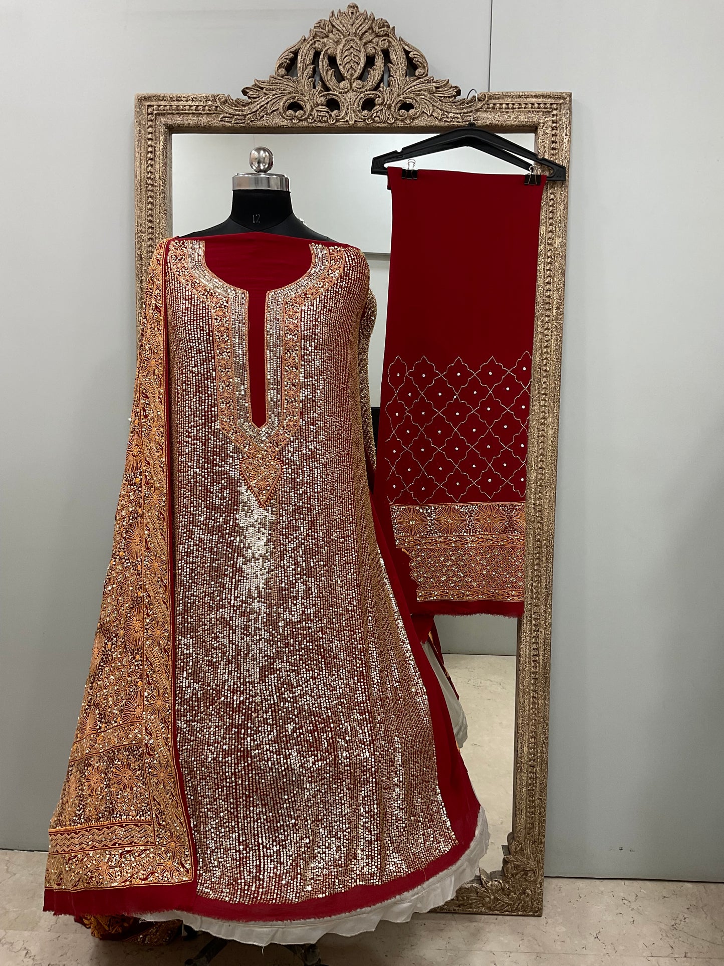 Superfine Pure Georgette Heavy Pearl Cutdana and Sequence Designer Red