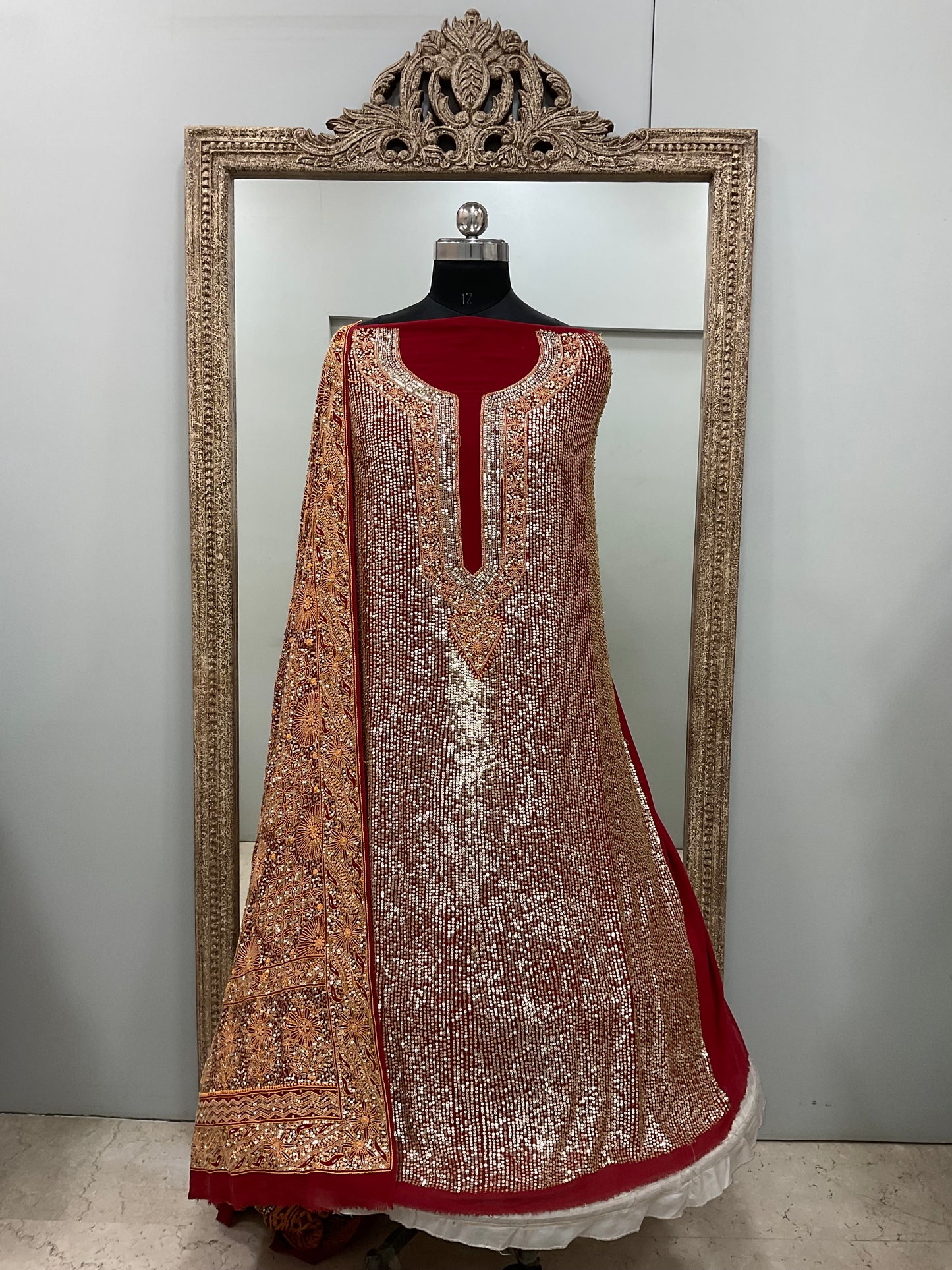 Superfine Pure Georgette Heavy Pearl Cutdana and Sequence Designer Red