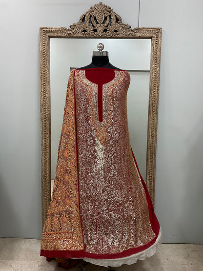 Superfine Pure Georgette Heavy Pearl Cutdana and Sequence Designer Red