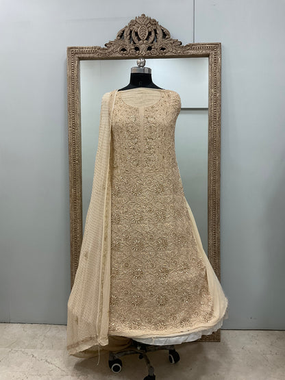 Superfine Pure Georgette Heavy Pearl Cutdana and Sequence Designer Golden Beieg