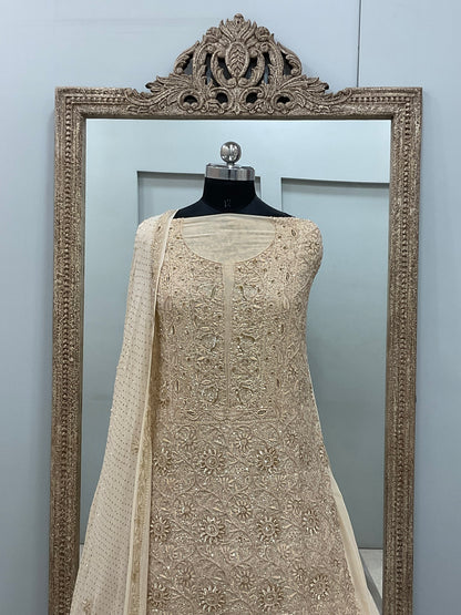 Superfine Pure Georgette Heavy Pearl Cutdana and Sequence Designer Golden Beieg
