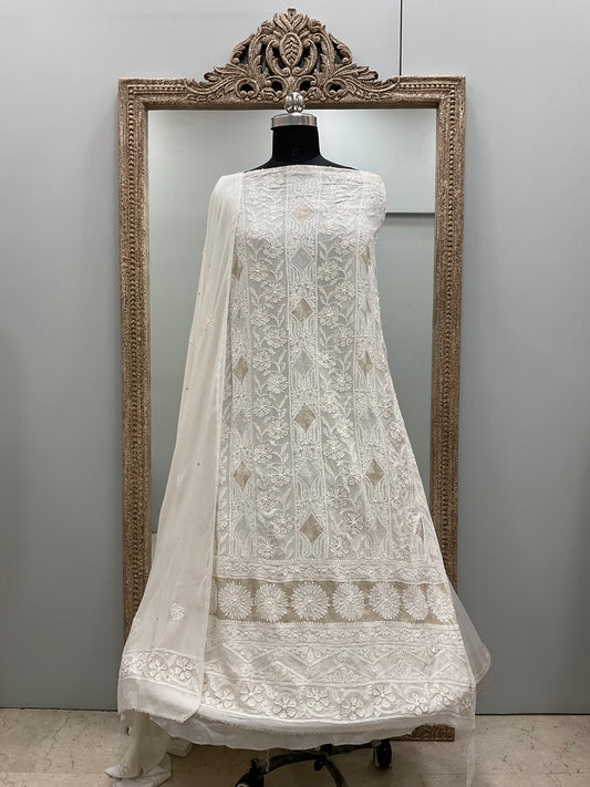 Pure Georgette Heavy Golden Zari and Pearl Off-White