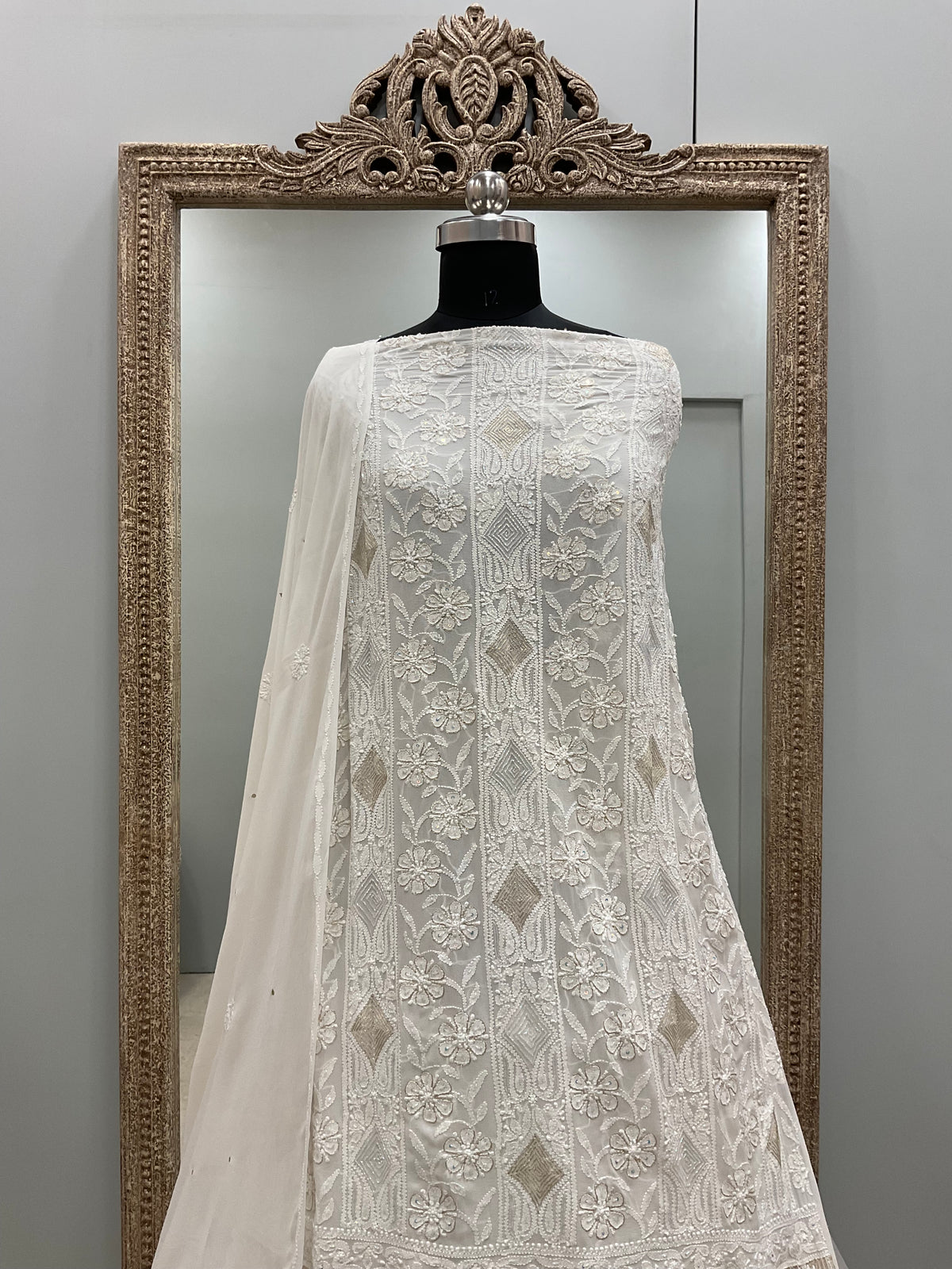 Pure Georgette Heavy Golden Zari and Pearl Off-White