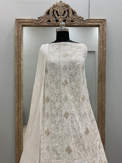 Pure Georgette Heavy Golden Zari and Pearl Off-White