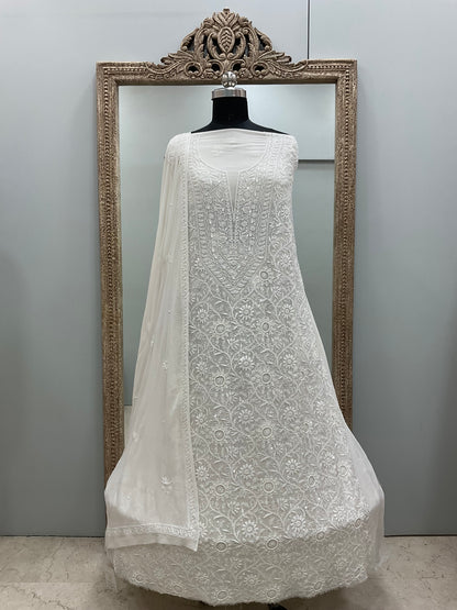 Do and Teen Taar Superfine Pure Georgette Heavy Pearl And Cutdana Work With Dupatta Off White 01